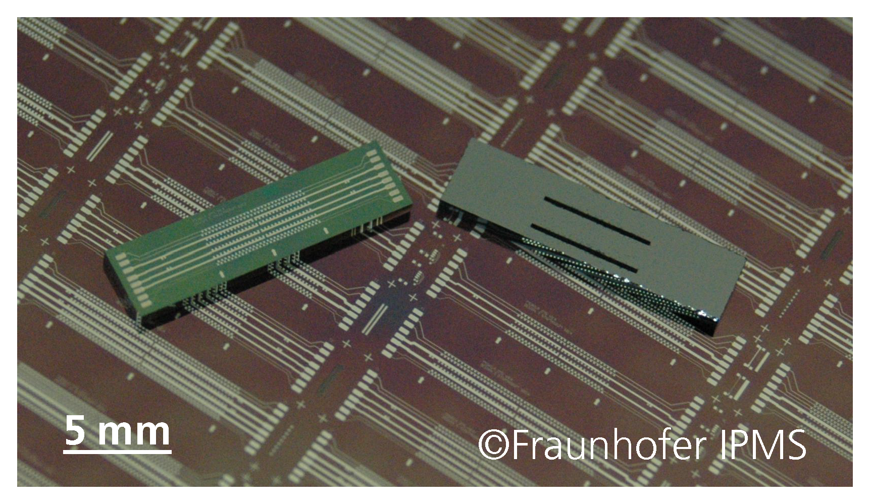 Herzstück des zu entwickelnden miniaturisierten Ionenmobilitätsspektrometers ist der hier abgebildete ca. 5 mm mal 15 mm große FAIMS Chip.